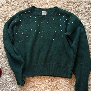 Women's Green Sweater with Pearl Accents